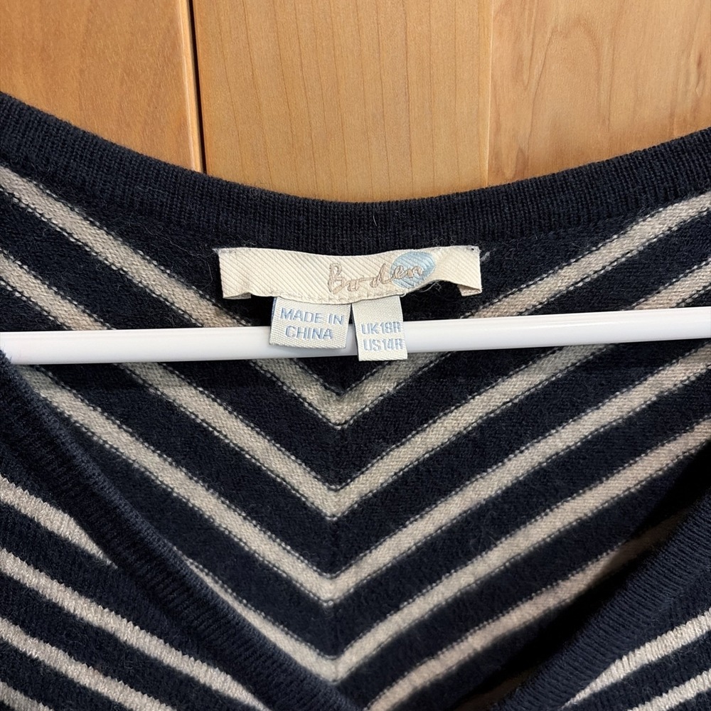 Boden Amelia Dress Navy Beige Striped Fit & Flare Midi Merino Wool/Cotton Sz 14 - Picture 3 of 7